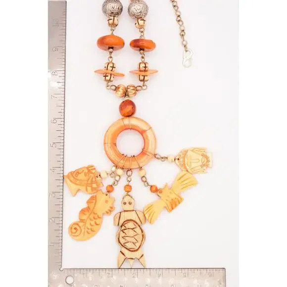 Vintage Carved Laminated Wood Statement Necklace Whimsical Made in India Bin3A